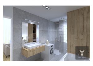 Disign minimalistic master bedroom, bathroom