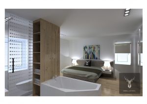 Minimalistic master bedroom, bed and cupboard