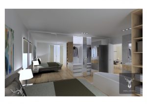 disign minimalistic master bedroom closet.
