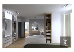 minimalistic master bedroom, bathroom and closet
