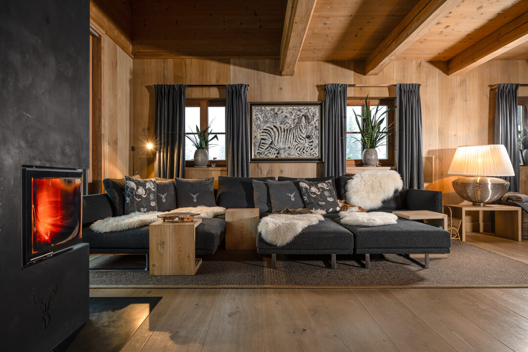 Stahl Kamin, Sofa landschaft aus Loden