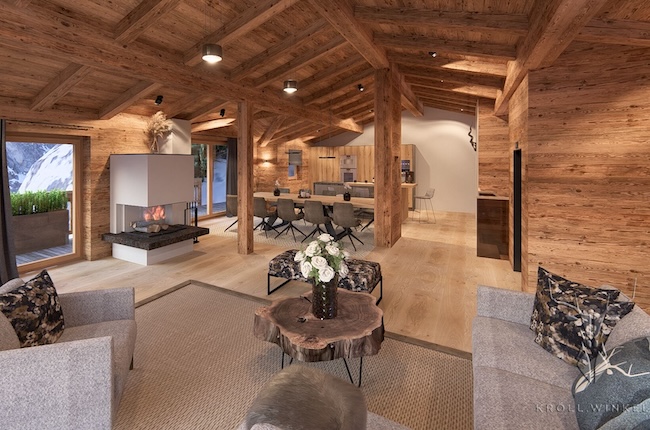 Chalet Interior Wohnzimmer Design. Altholz Küche und Fassade.