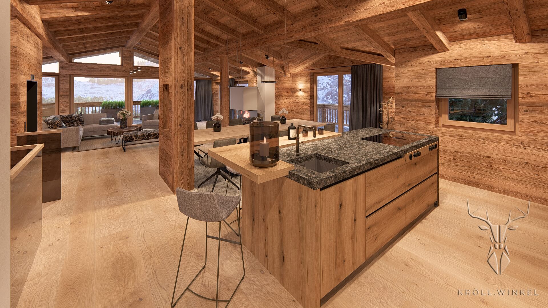 Chalet Design Küchen Insel Holz & Stein mit Altholz