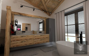 Badezimmer Chalet mit Eichenmöbel, Spiegelwand und freistehender Badewanne