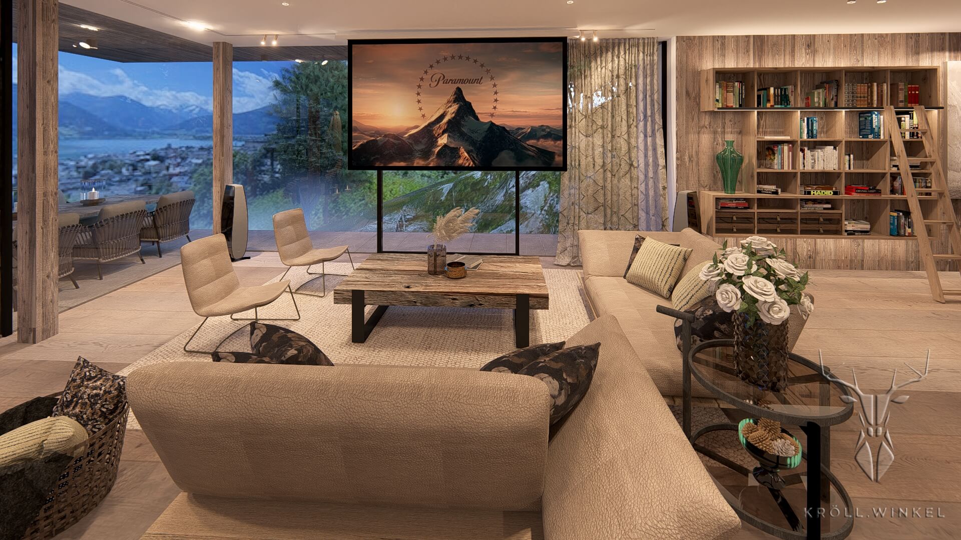 Luxuriöses Wohnzimmer Design. Bücherregal und Sofa Landschaft