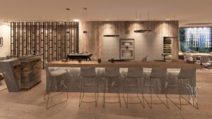 Rauriser Steinküche mit integrierter Bar und Weinkühler in Steinfassade