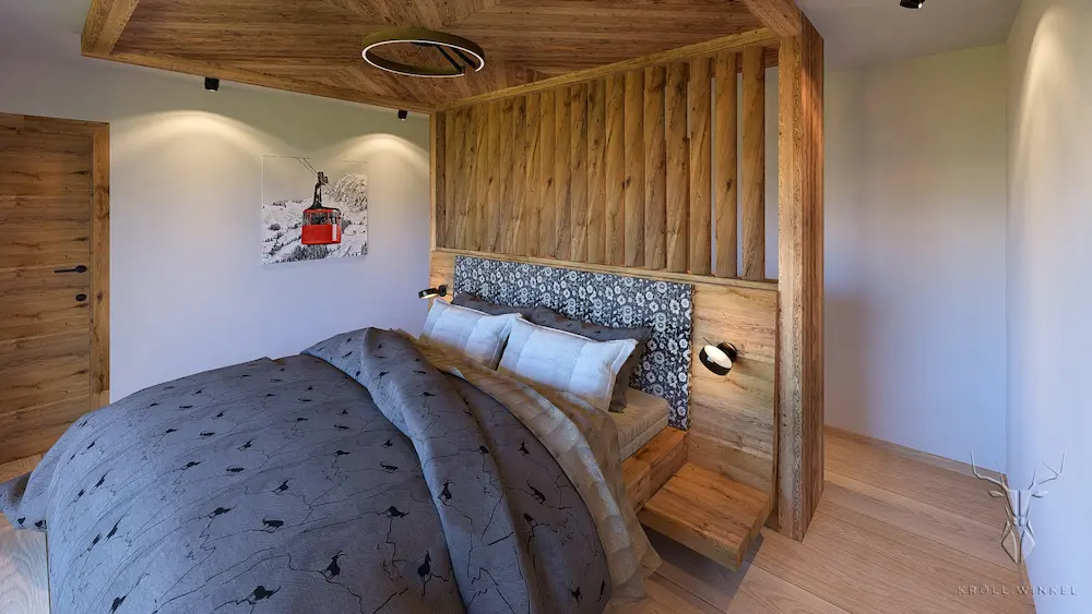 Luxuriöses Chalet-Schlafzimmer mit Kingsize-Holzbett, Wandvertäfelung aus Holz und Fischgrät-Holzdecke.