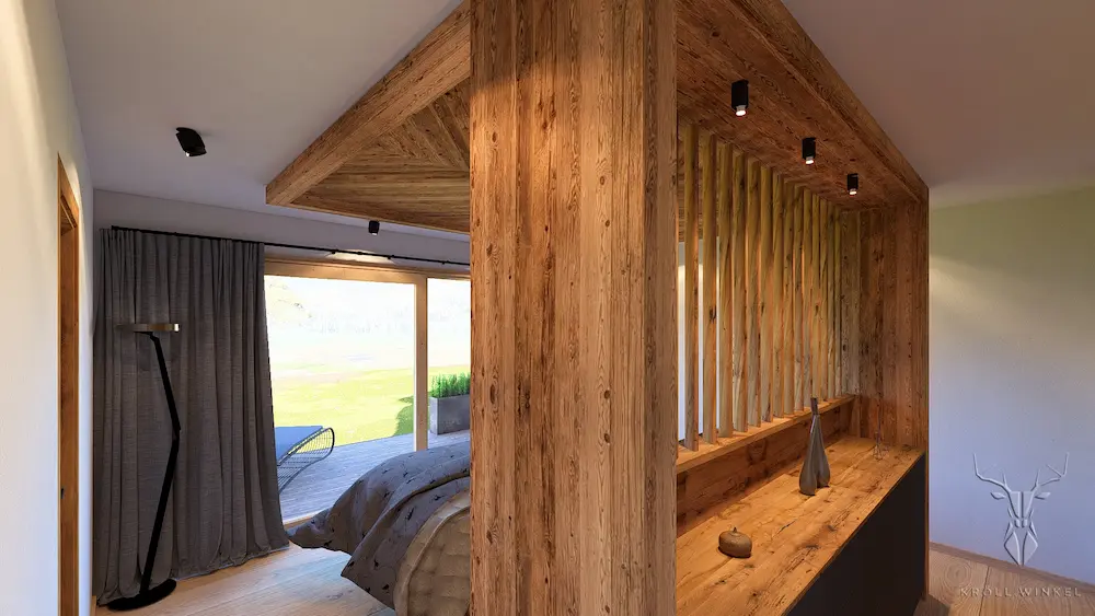 Chalet Schlafzimmer Holzverteiler