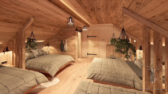Interior Design eines Gästezimmers mit Bettenlager unter einem Holz-Dachstuhl